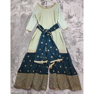 Embroidered Sharara Outfit Set Womens XL Green Sequin 3 Piece Wedding Party